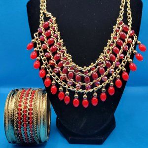 Red and Gold Necklace with matching Cuff Bracelet